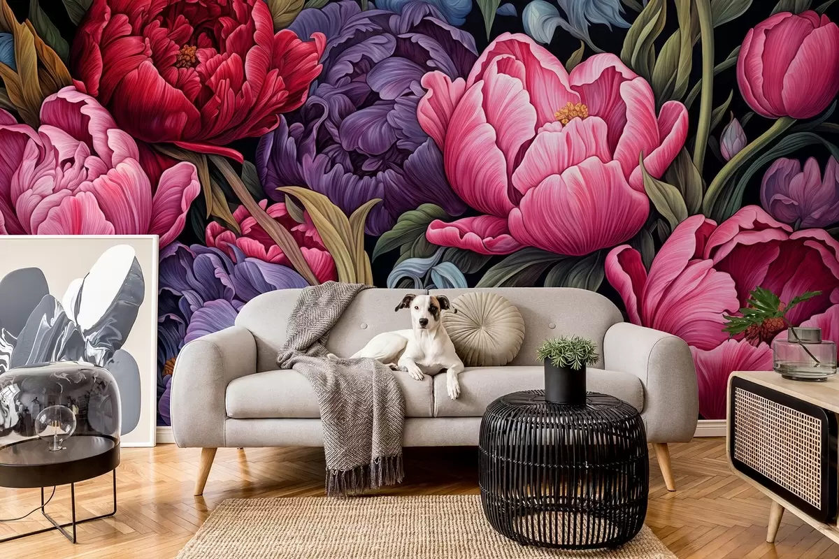 Fotobehang Tulpen en pioenen in Victoriaanse stijl, in roze en paarse kleuren w08818