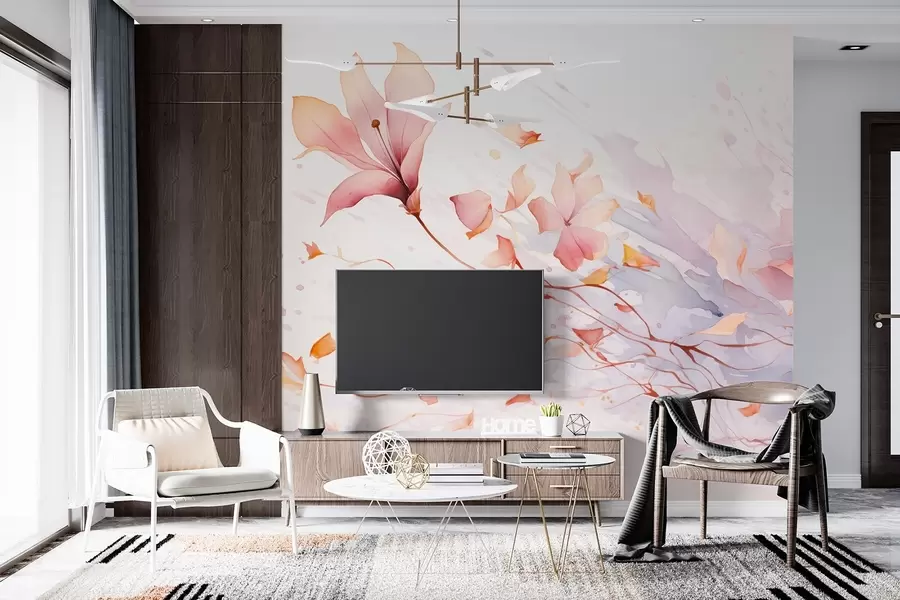 Fotobehang Een bloem met vallende bloemblaadjes fladderend in de wind in aquarelstijl w08821