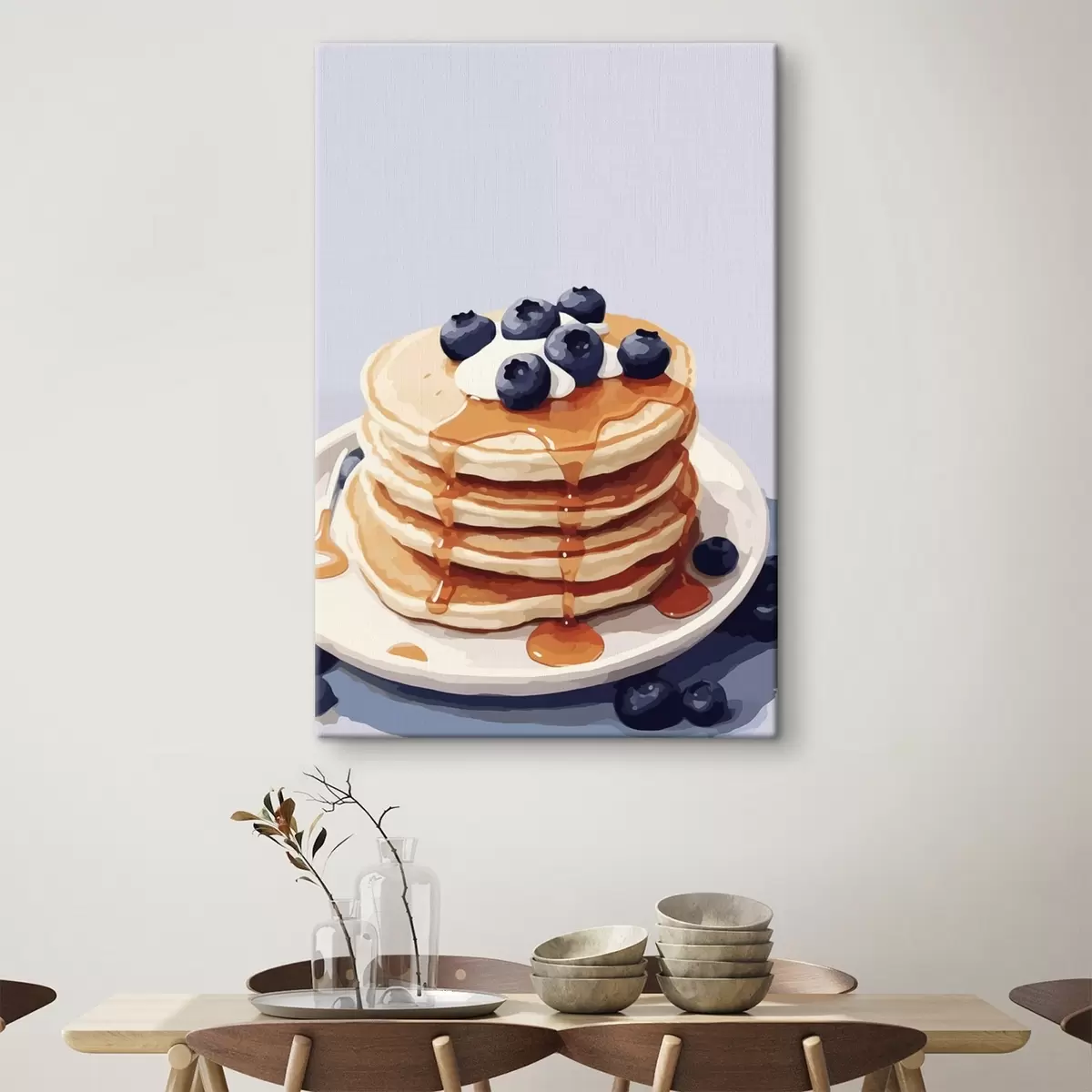  Schilderijen Pannenkoeken met stroop en bosbessen op een bord s43009