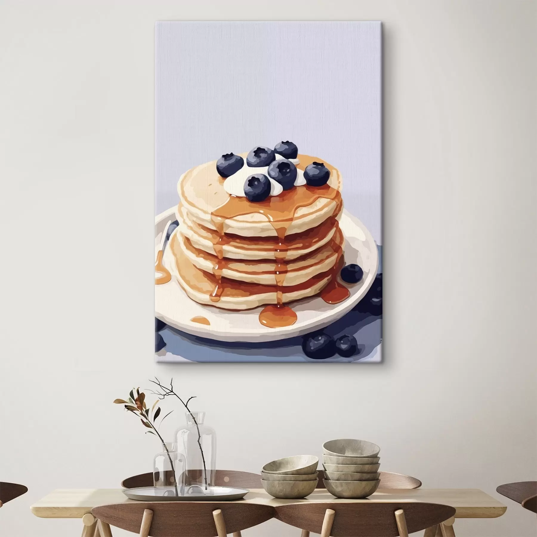  Schilderijen Pannenkoeken met stroop en bosbessen op een bord s43009