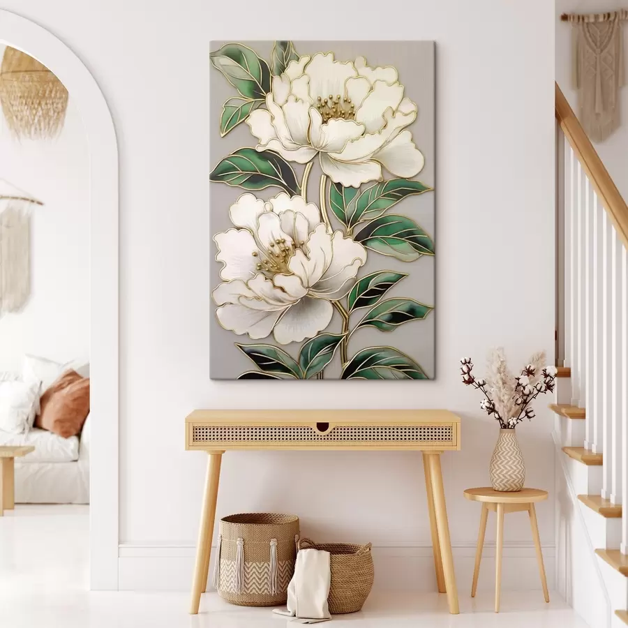  Schilderijen Witte bloemen met groene bladeren in decoratief arrangement s43011