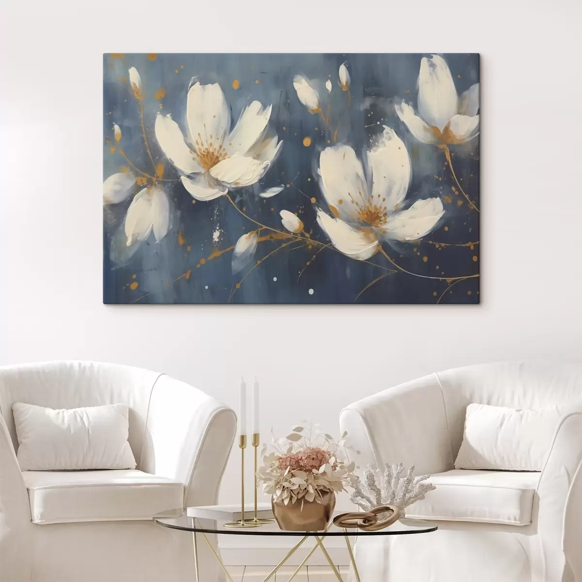  Peintures Fleurs blanches sur fond bleu s43025