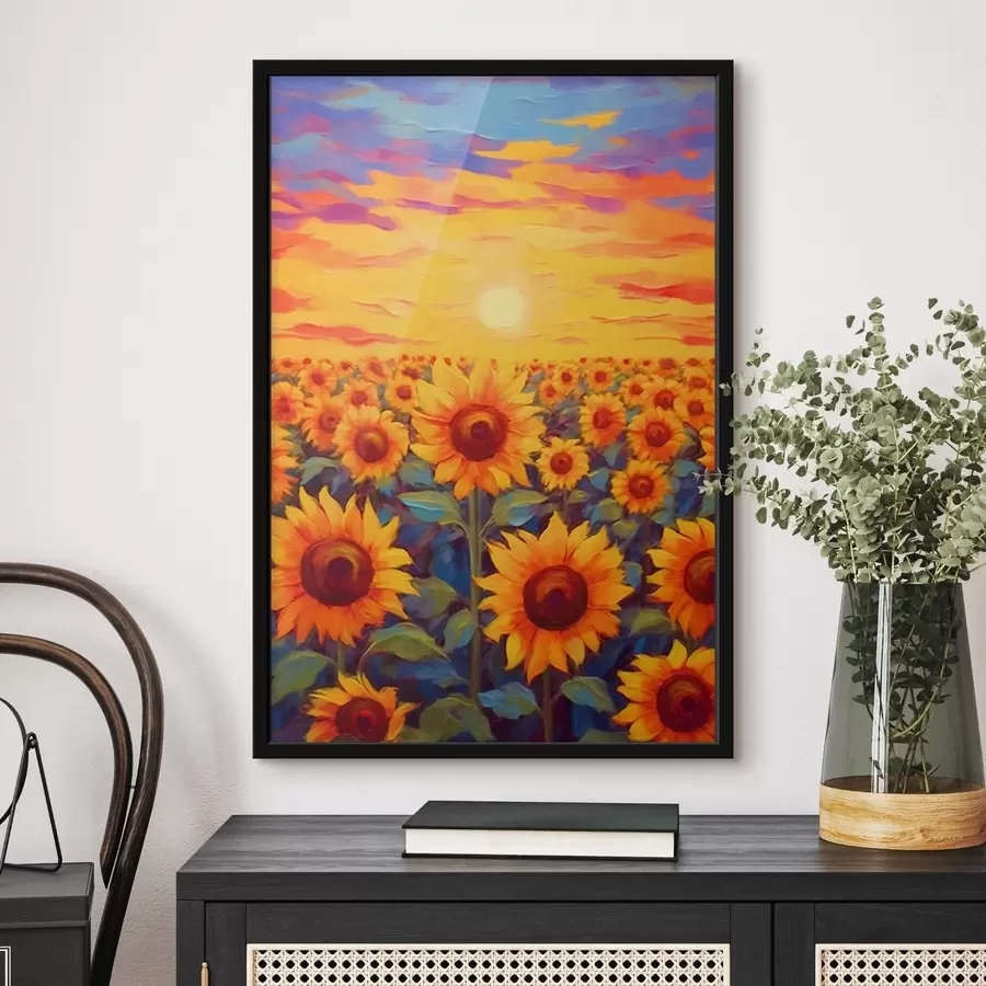 Fotobehang Zonnebloemveld bij zonsondergang f43010