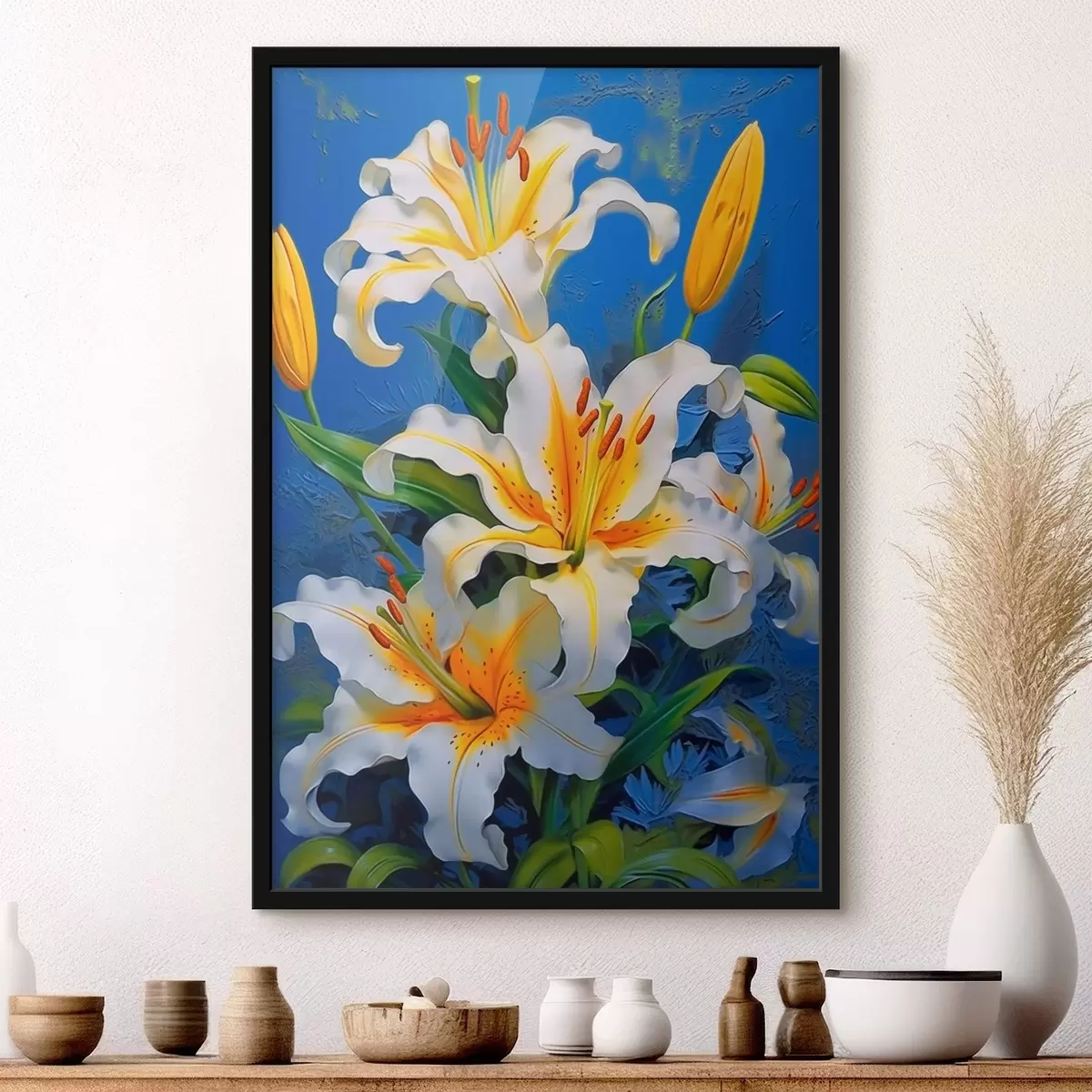 Affiche Lys blancs sur fond bleu f43018