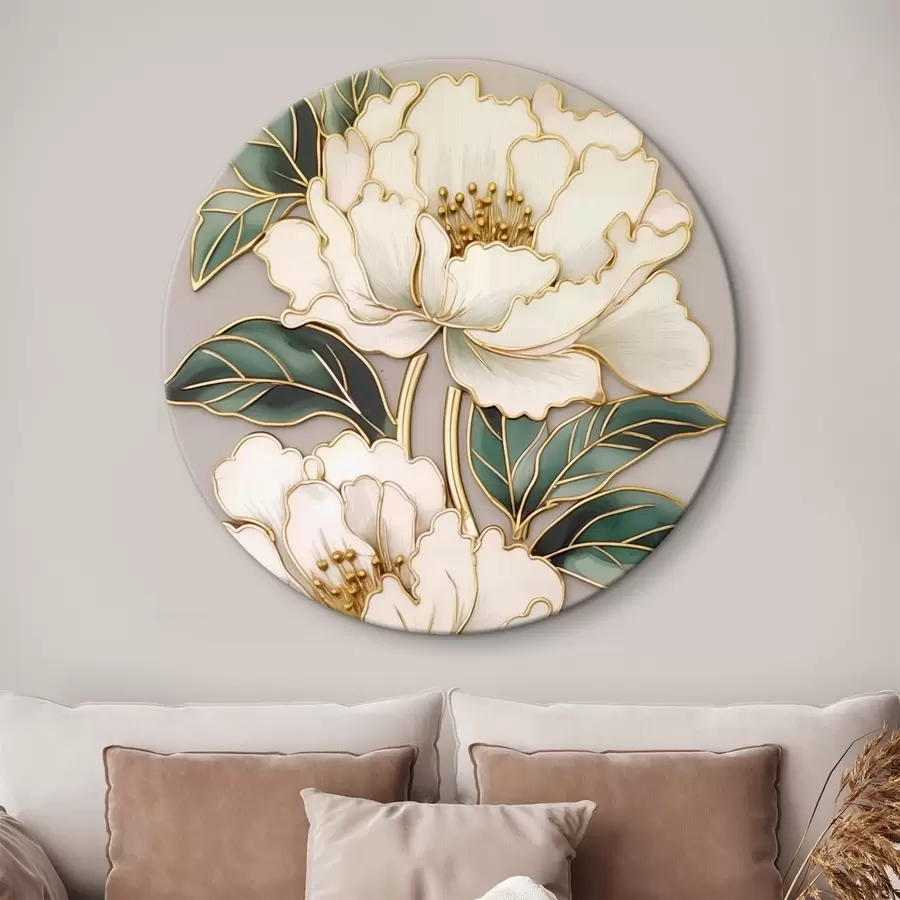  Schilderijen Witte bloemen met groene bladeren in decoratief arrangement r43011