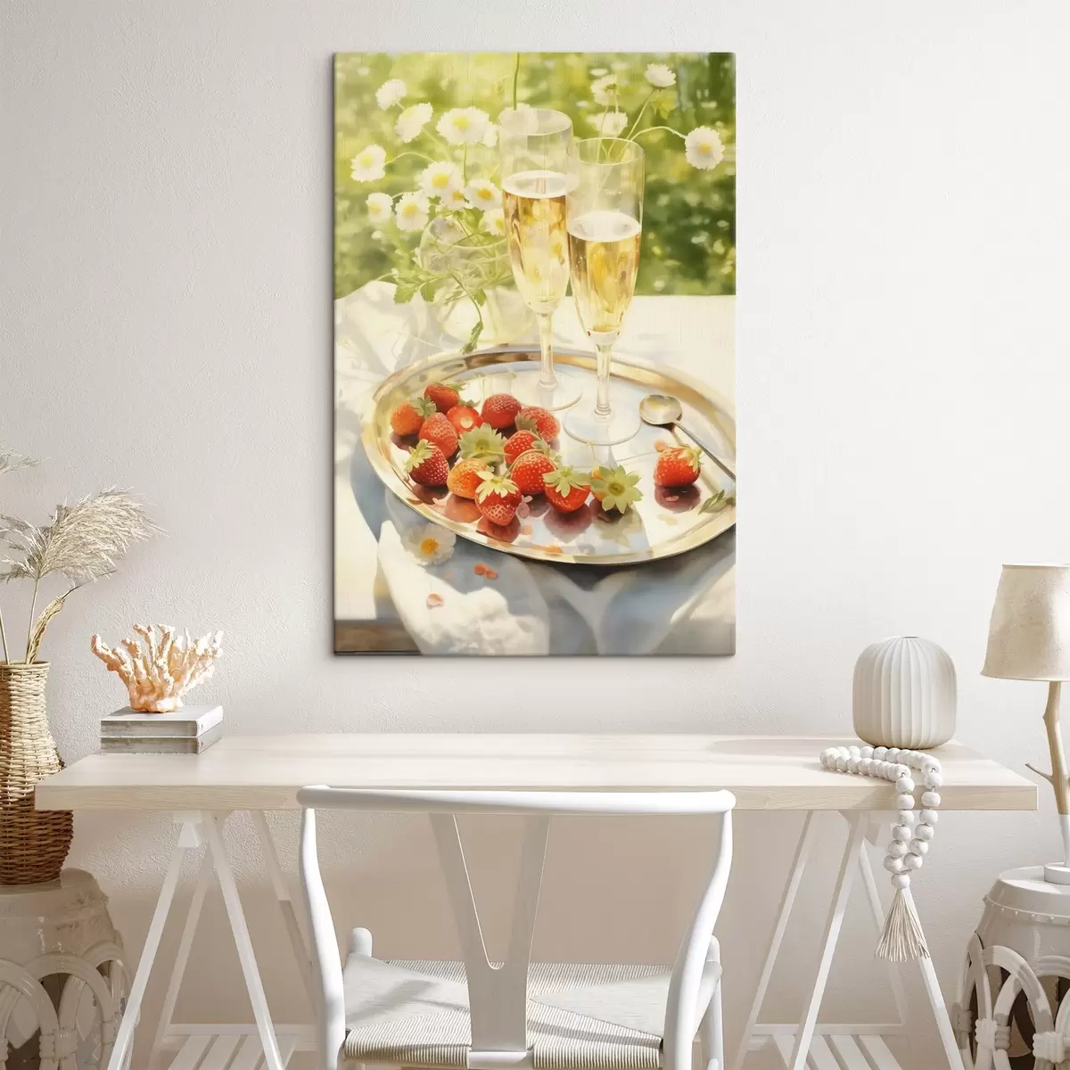  Peintures Verres à champagne avec fraises sur le plateau, fleurs de camomille, été s43054