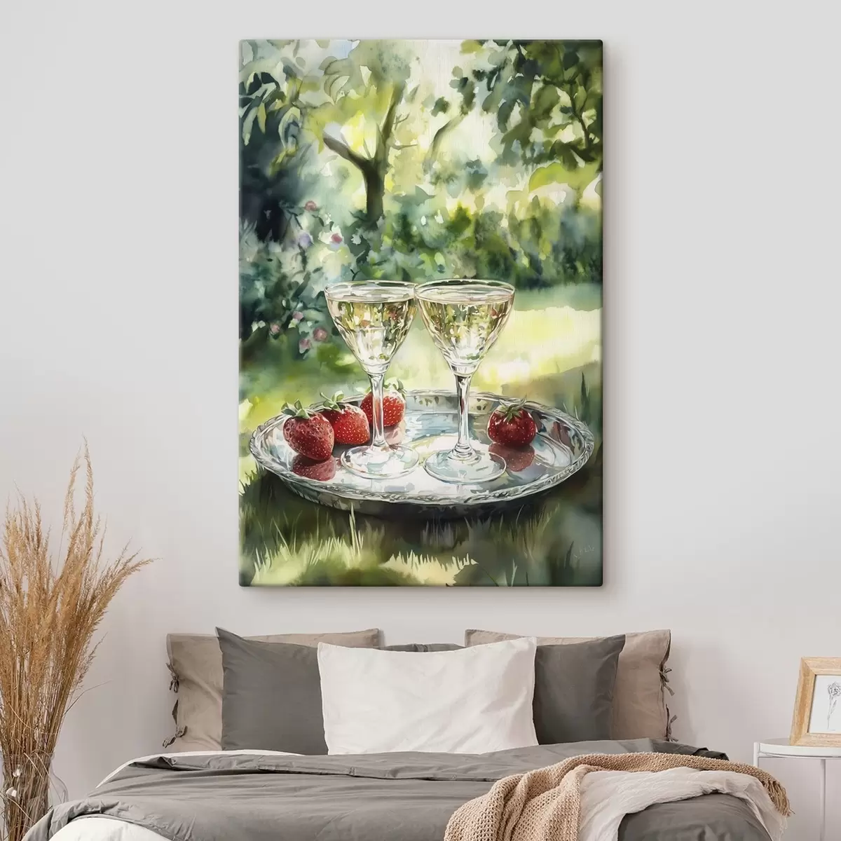  Peintures Pique-nique d'été avec champagne et fraises, dessin de style aquarelle s43055