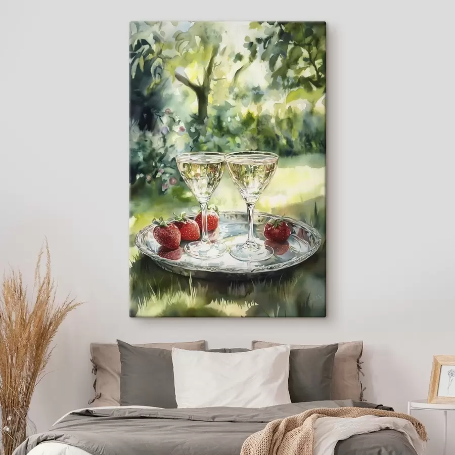 Schilderijen Zomer picknick met champagne en aardbeien, aquarel tekening s43055