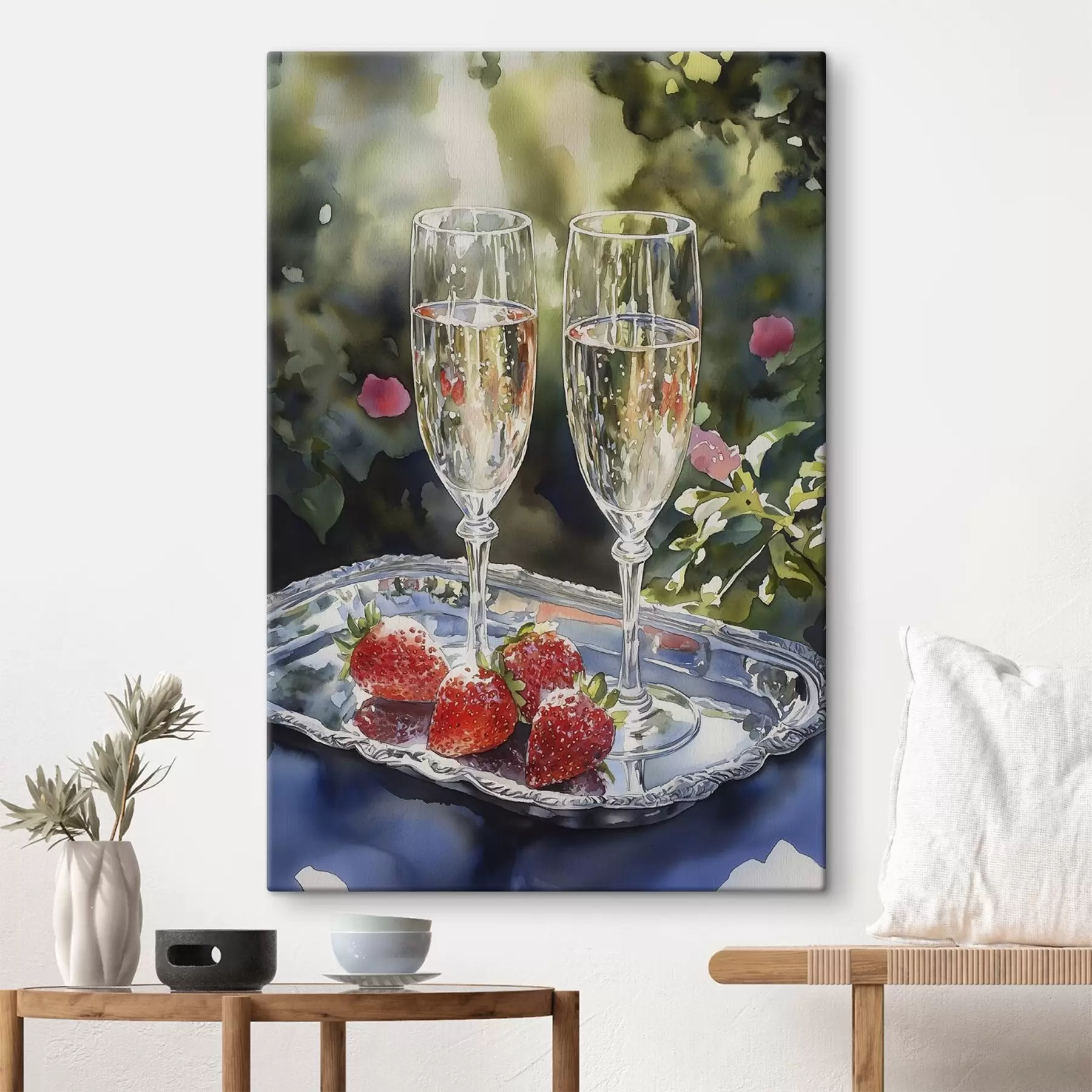  Schilderijen Feestelijke en sprankelende champagneglazen met aardbeien op het dienblad s43057
