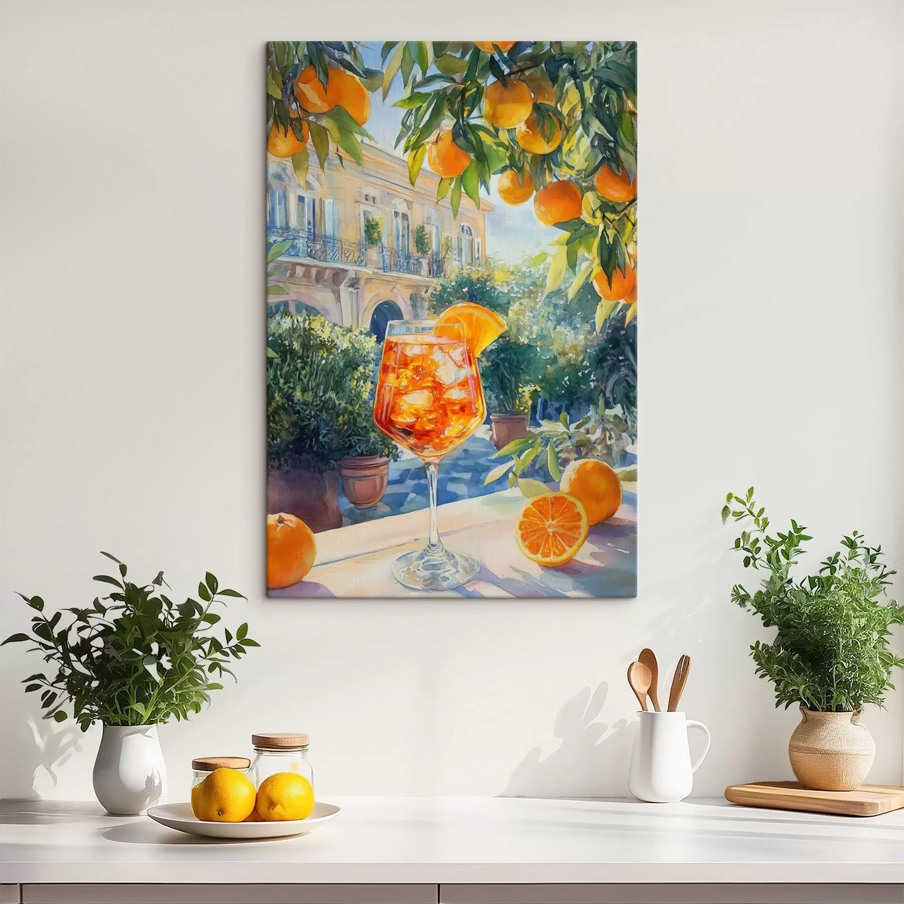 Fotobehang Cocktail met sinaasappels, aquarelstijl, Italië, Aperol Spritz, architectuur, zomertuin s43061