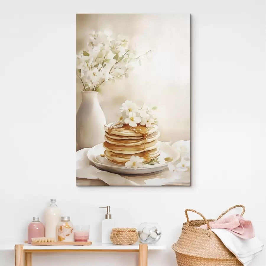  Schilderijen Pannenkoeken met pindakaas, witte bloemen, aquarel stijl tekening s43065