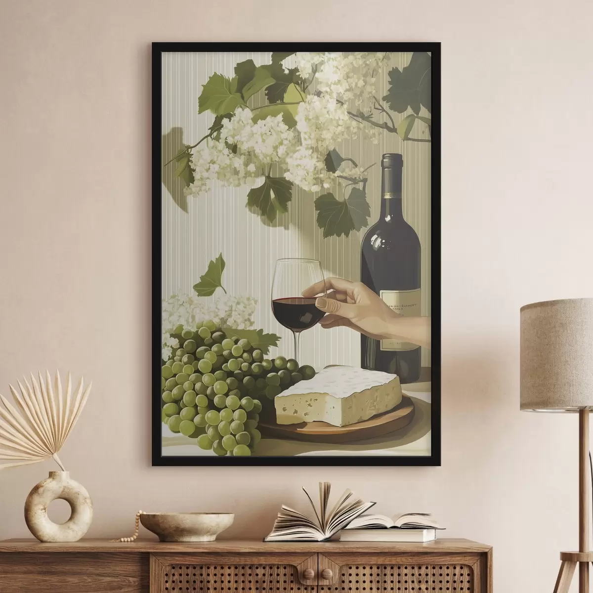 Affiche Raisins avec fromage, bouteille de vin, style vintage, fleurs blanches f43052