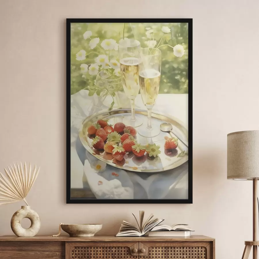 Fotobehang Champagneglazen met aardbeien op het dienblad, kamillebloemen, zomer f43054