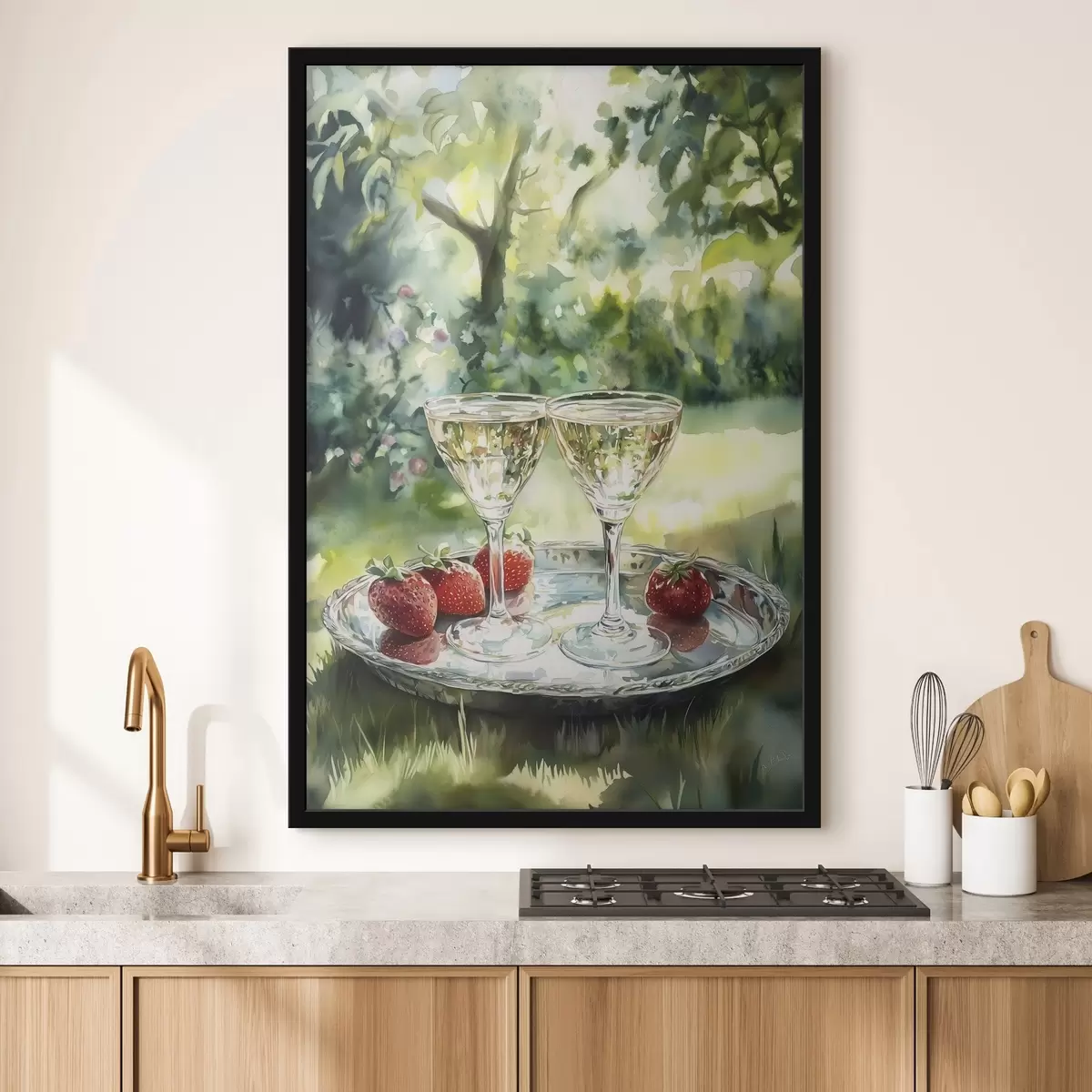 Poster Zomer picknick met champagne en aardbeien, aquarel tekening f43055