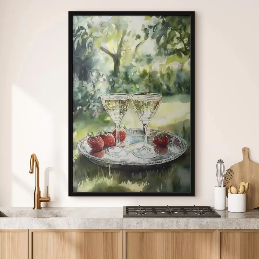 Fotobehang Zomer picknick met champagne en aardbeien, aquarel tekening f43055