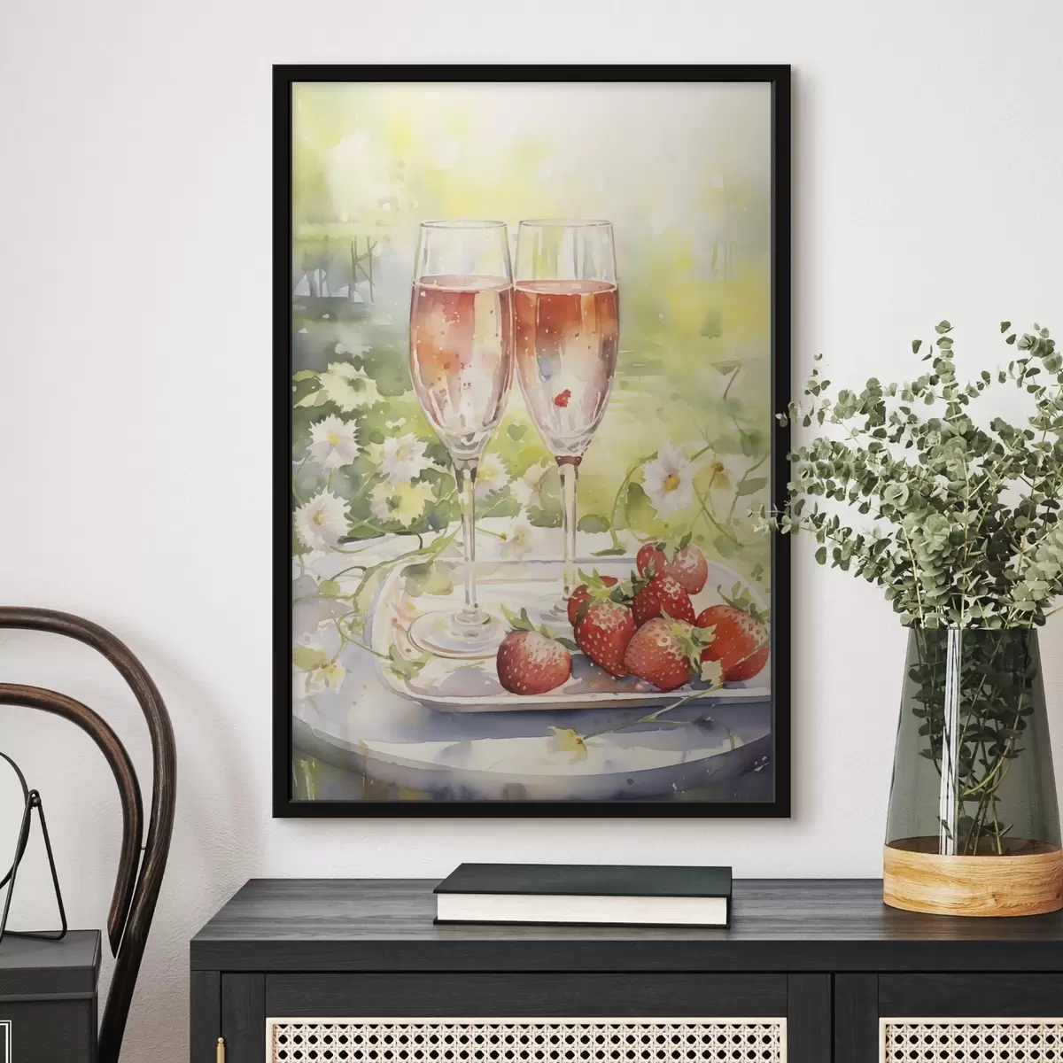 Affiche Dessin à l'aquarelle de coupes de champagne, de fleurs et de fraises f43056