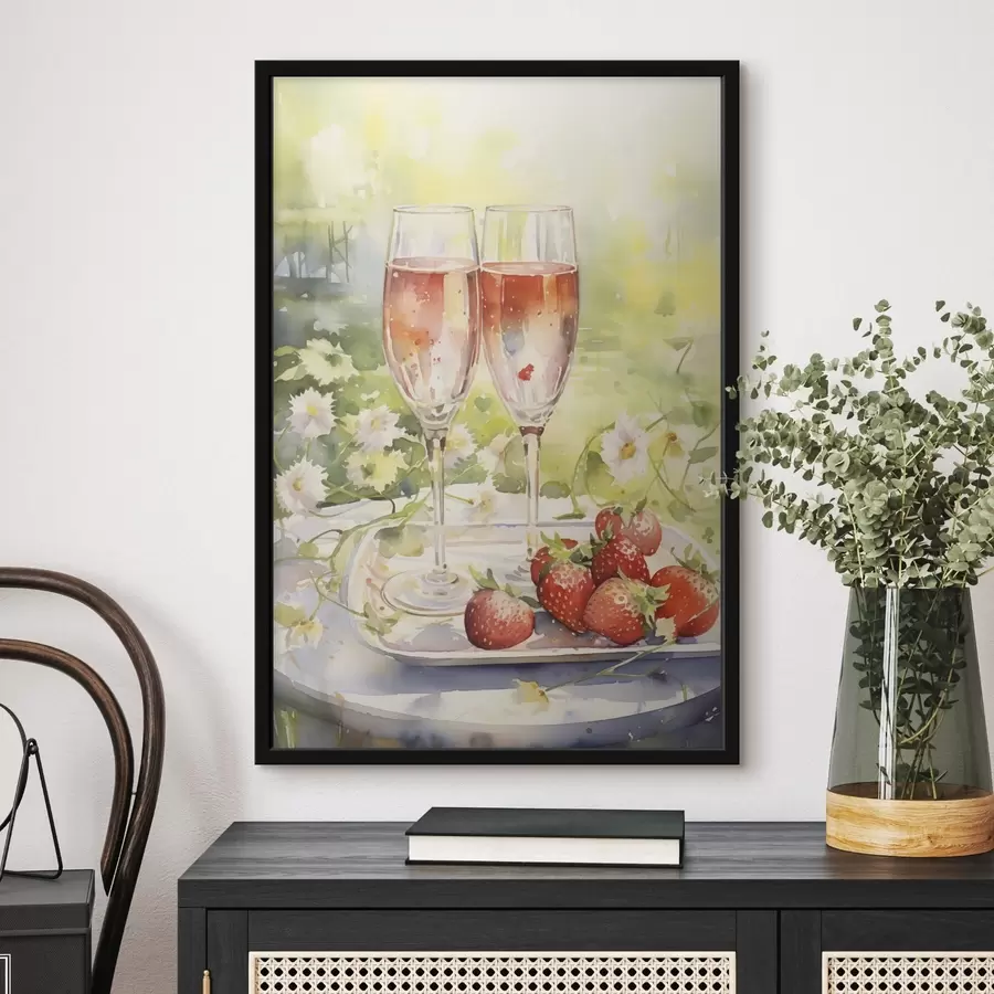Fotobehang Aquareltekening van champagneglazen, bloemen en aardbeien f43056