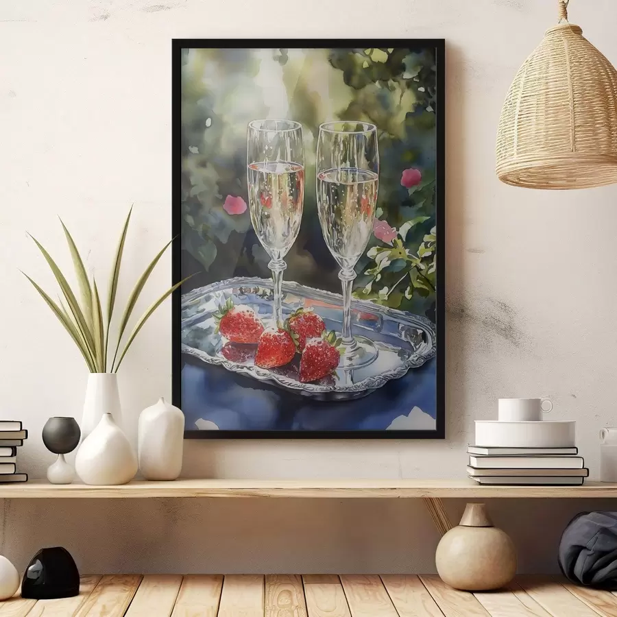 Fotobehang Feestelijke en sprankelende champagneglazen met aardbeien op het dienblad f43057