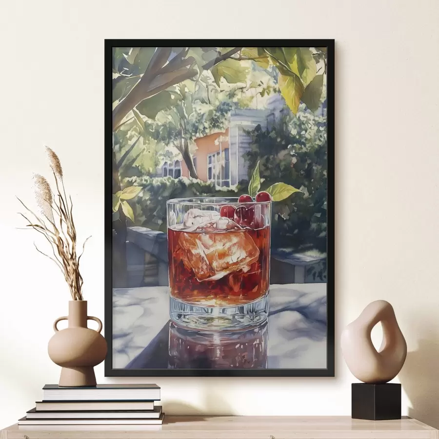 Fotobehang Cocktail met bessen, aquarelstijl, esthetische stad, zomernatuur f43059