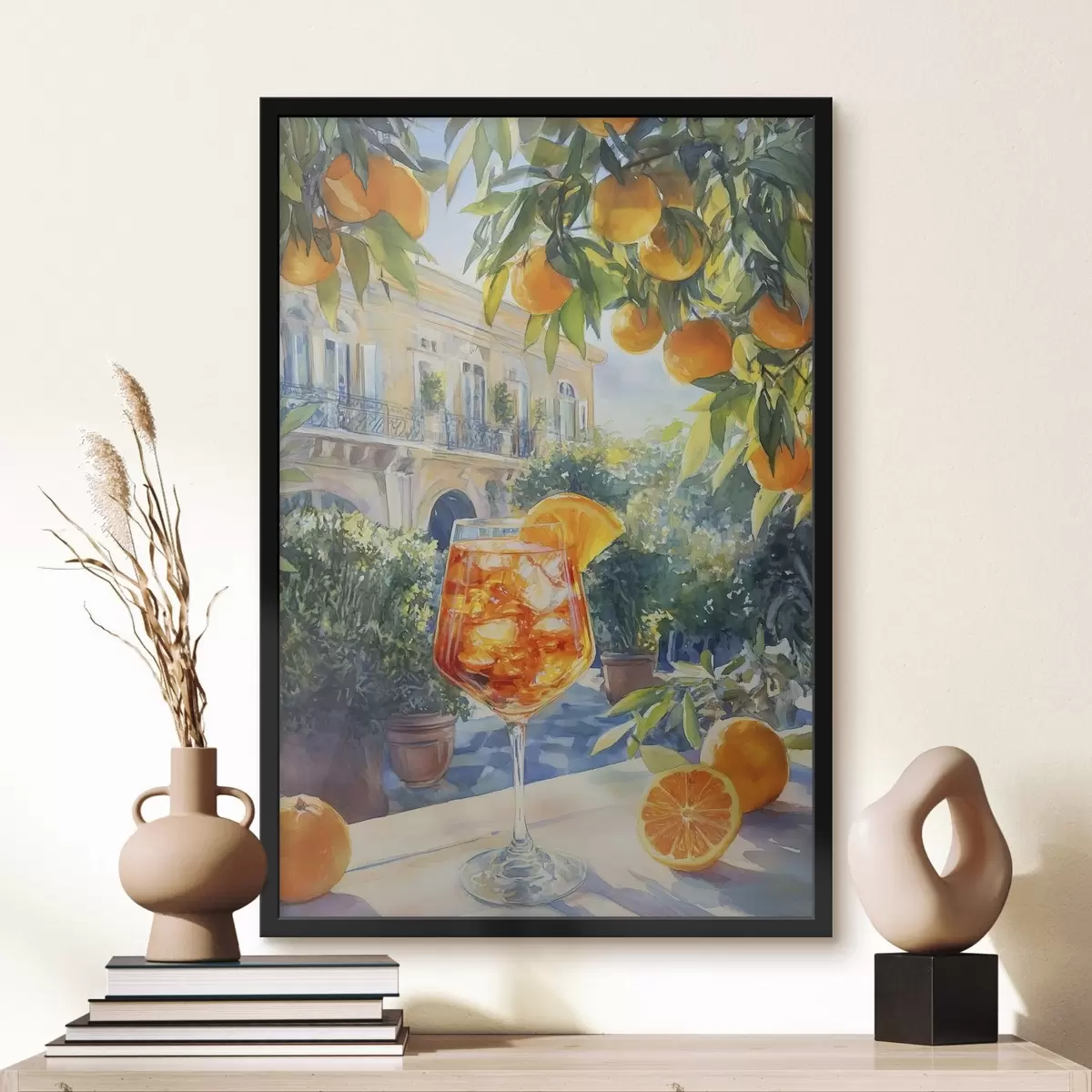 Poster Cocktail met sinaasappels, aquarelstijl, Italië, Aperol Spritz, architectuur, zomertuin f43061