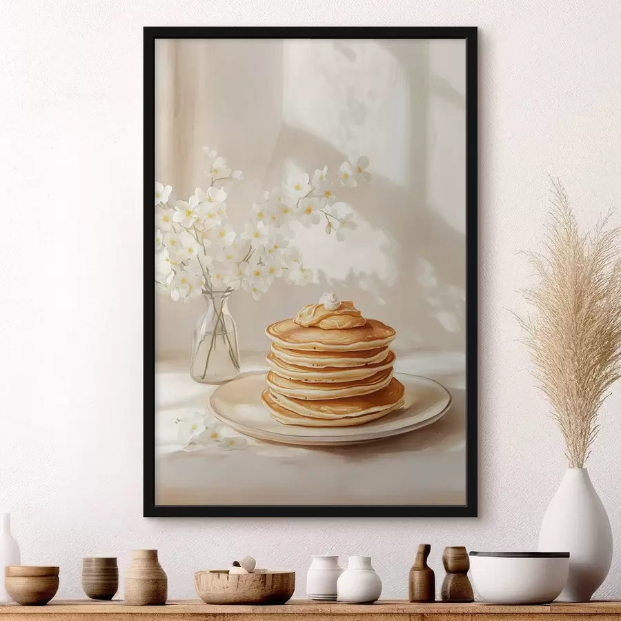 Fotobehang Heerlijke pannenkoeken met pindakaas, aquarelstijl, vaas met witte bloemen f43063