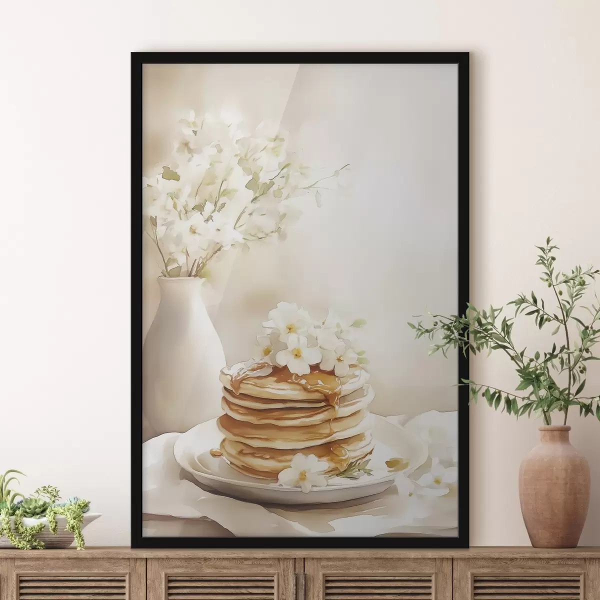 Affiche Crêpes au beurre de cacahuètes, fleurs blanches, dessin à l'aquarelle f43065