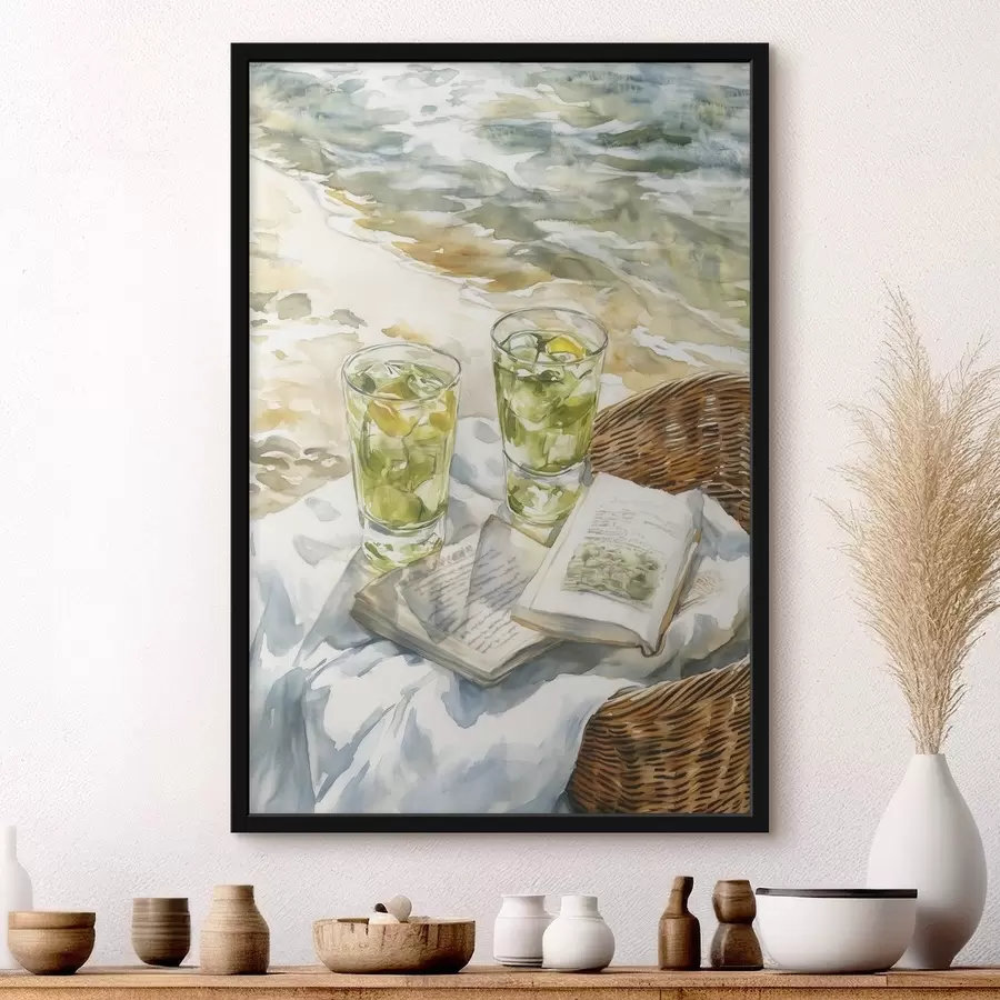 Fotobehang Picknick aan zee, zomercocktails, poëzie, aquarelstijl f43068