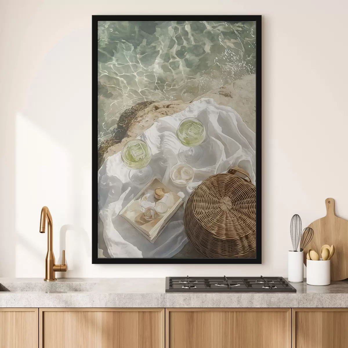 Poster Zomerse esthetiek, oceaangolven, strand, cocktails, aquarelstijl f43069
