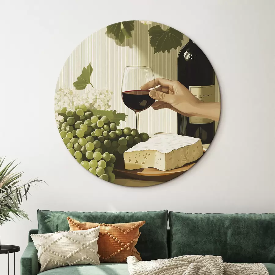  Schilderijen Druiven met kaas, fles wijn, vintage stijl, witte bloemen r43052