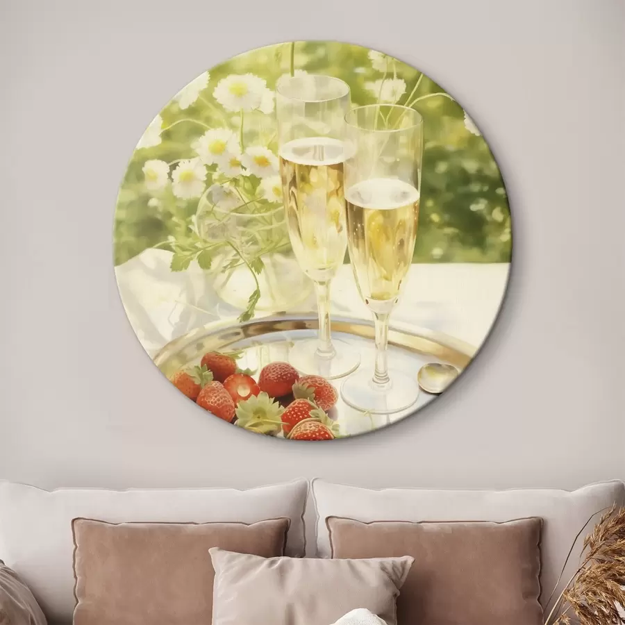  Peintures Verres à champagne avec fraises sur le plateau, fleurs de camomille, été r43054
