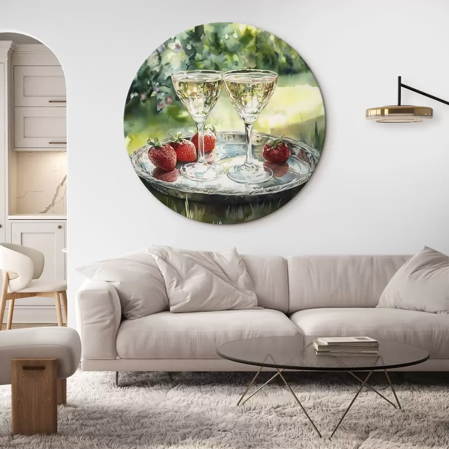  Peintures Pique-nique d'été avec champagne et fraises, dessin de style aquarelle r43055