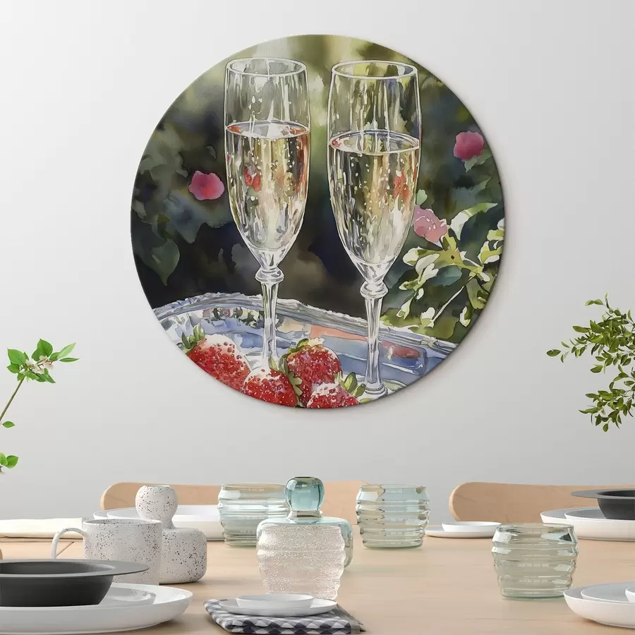  Schilderijen Feestelijke en sprankelende champagneglazen met aardbeien op het dienblad r43057
