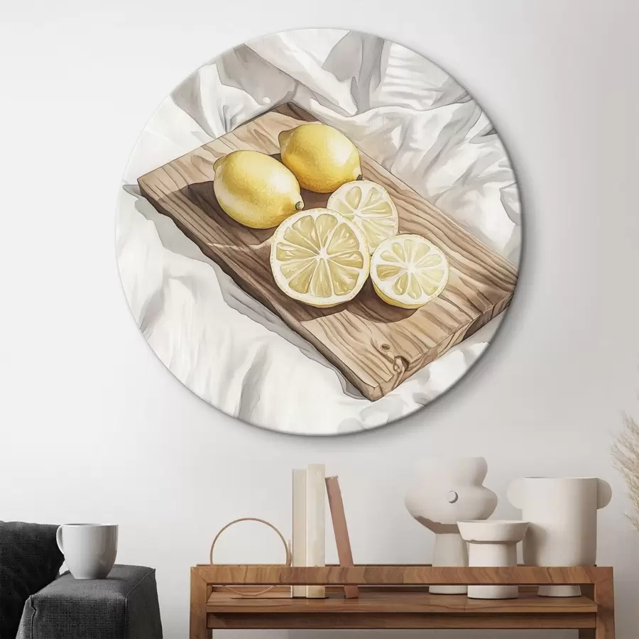  Schilderijen Citroenen op de houten plank, aquarel, rustieke stijl r43064