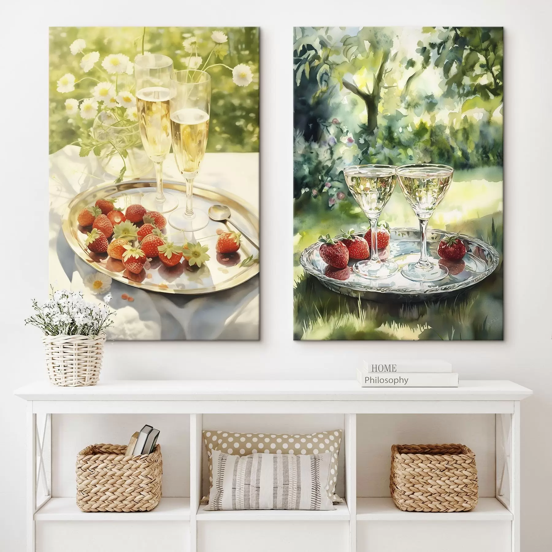  Peintures Pique-nique d'été, coupes de champagne avec fraises sur le plateau, fleurs de camomille m00414