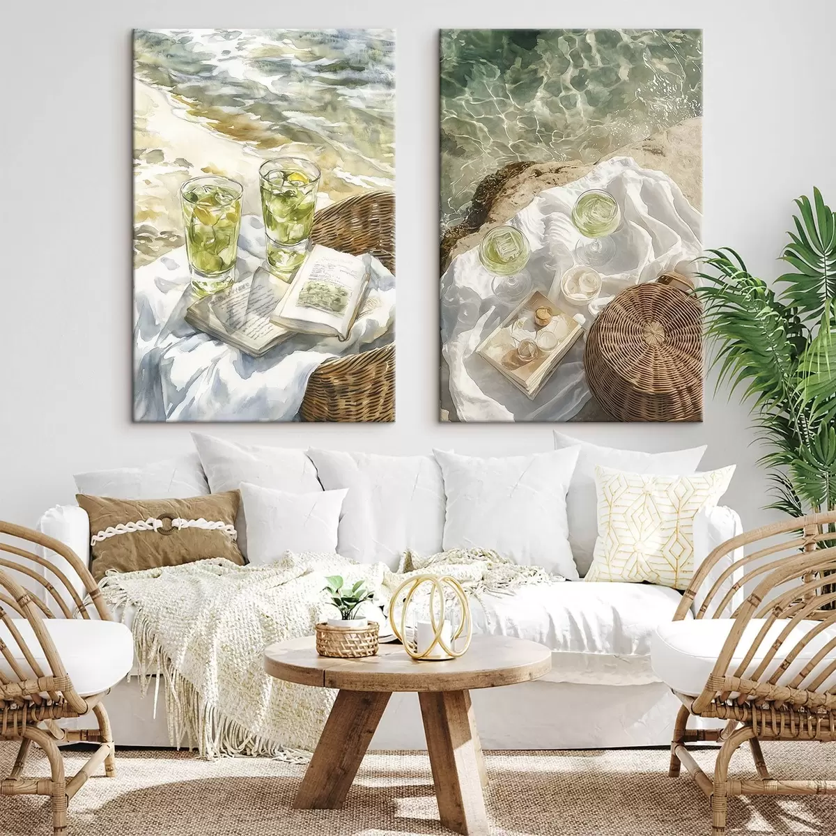  Peintures Cocktails sur la plage, dessin à l'aquarelle, océan, pique-nique d'été m00417