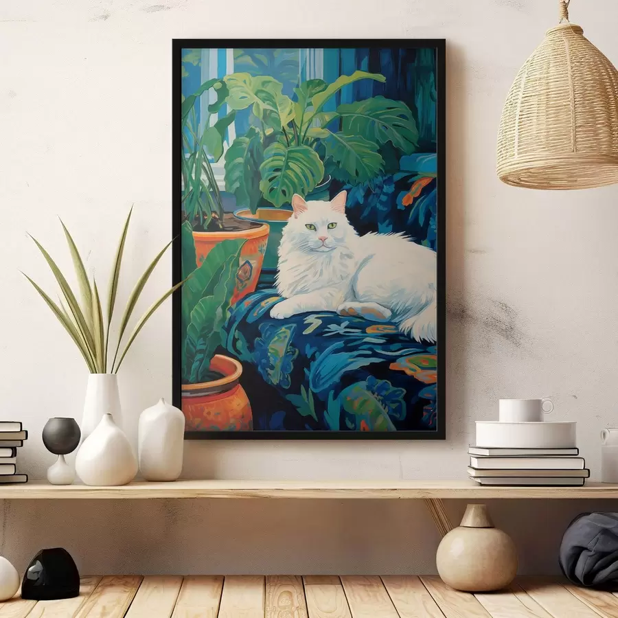 Papier peint photo Un chat blanc au milieu d'une végétation luxuriante et de pots en céramique f43131