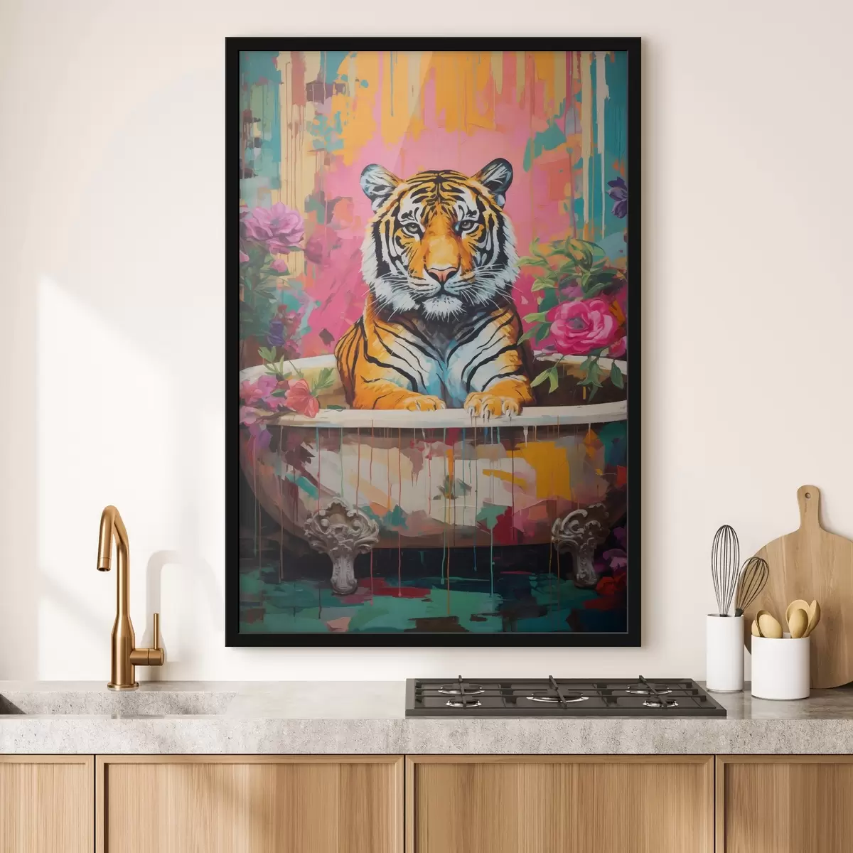 Affiche Un tigre abstrait dans une baignoire, entouré de fleurs vibrantes f43134