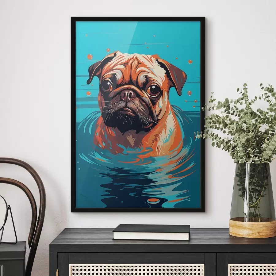 Fotobehang Een gestileerd portret van een mopshond in water met een expressieve blik f43136
