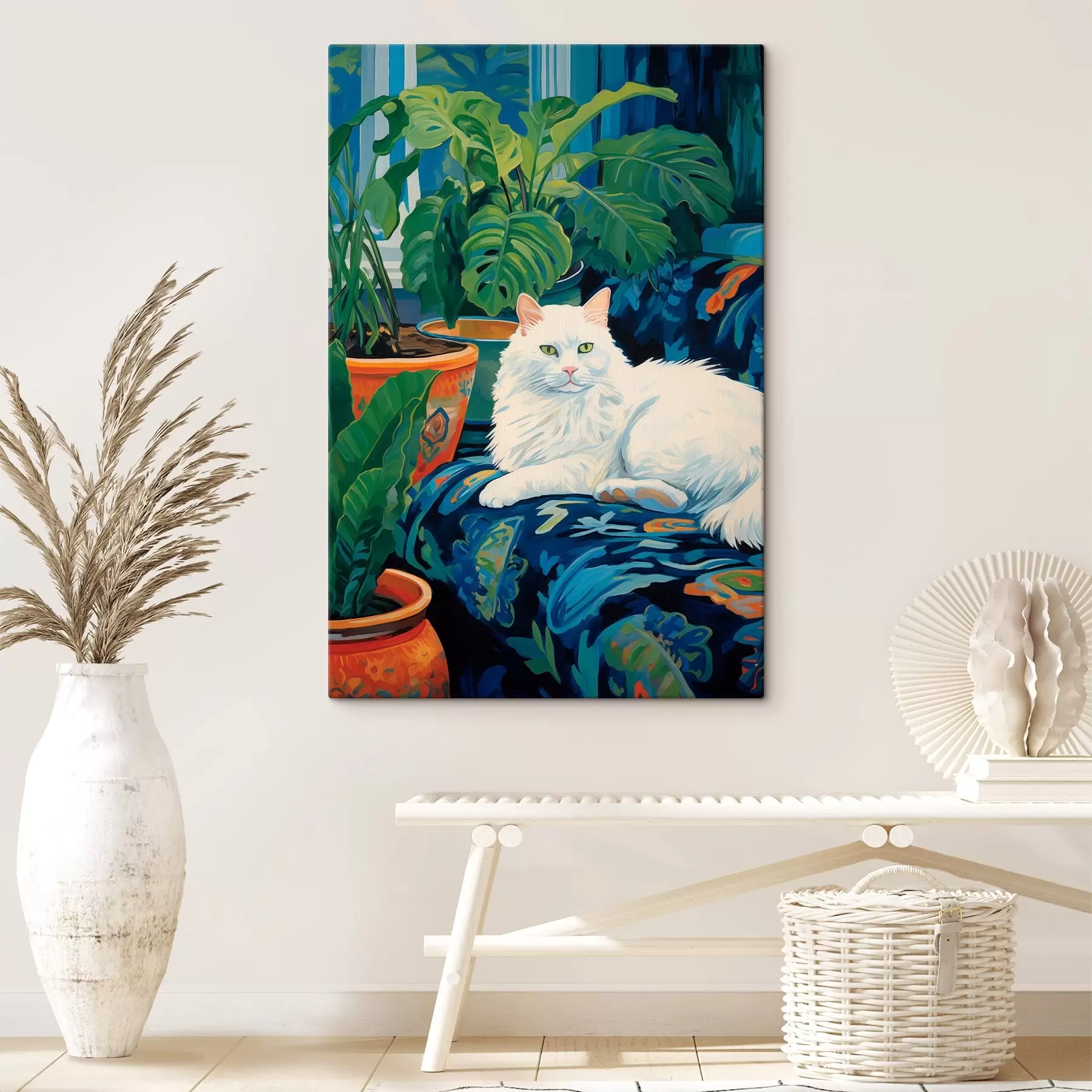  Peintures Un chat blanc au milieu d'une végétation luxuriante et de pots en céramique s43131