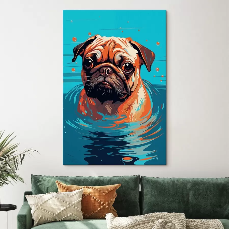  Schilderijen Een gestileerd portret van een mopshond in water met een expressieve blik s43136