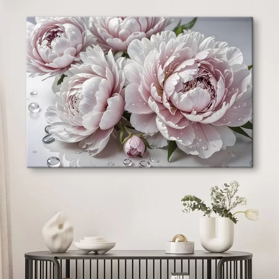  Peintures Pivoines roses pâles et blanches avec des gouttes d'eau sur les pétales, le fond est une surface blanche s43158