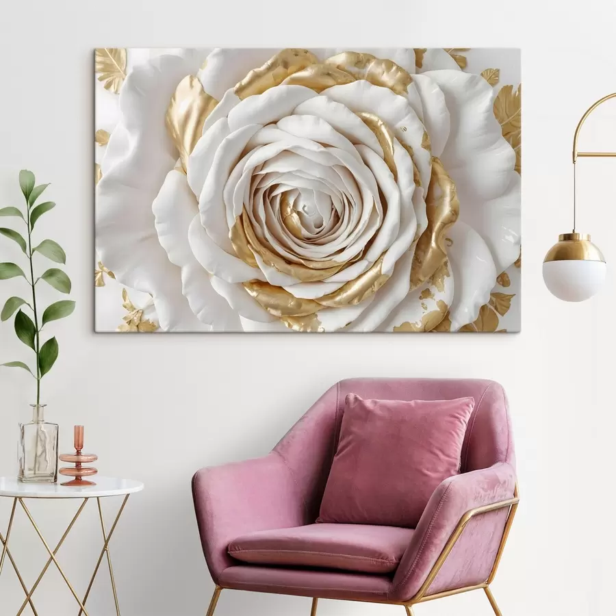  Peintures Une rose décorative minimaliste blanche avec des accents jaunes, les pétales sont superposés et enroulés s43160