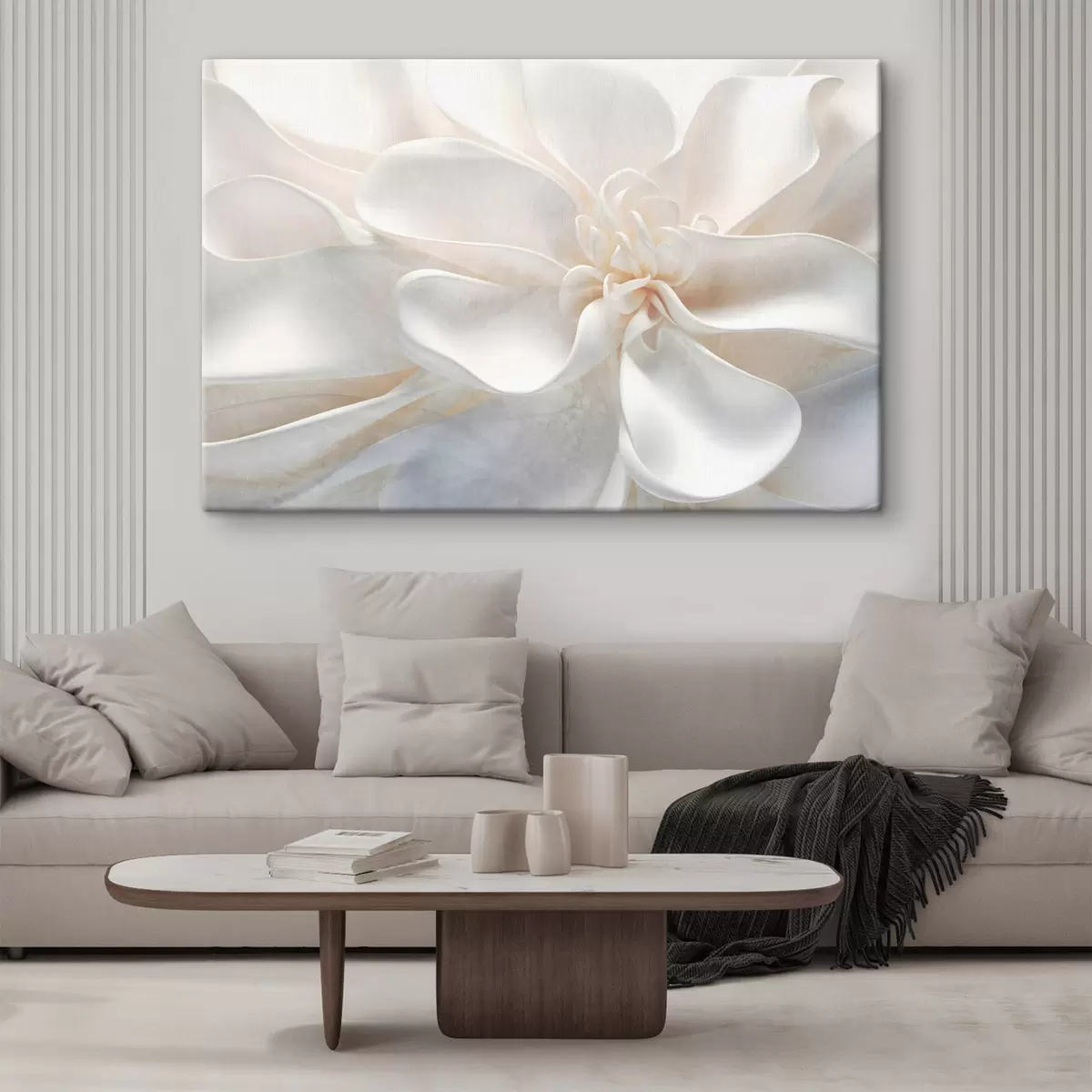  Schilderijen Close-up van een heldere witte abstracte bloem met fijne bloemblaadjes in pastelkleuren s43161