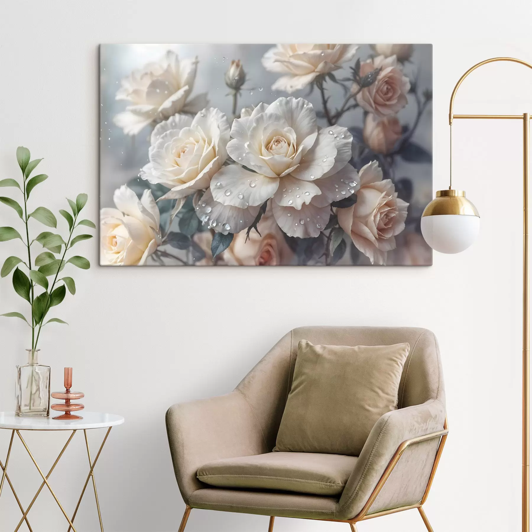 Fotobehang Een groep witte rozen met waterdruppels op de bloemblaadjes, wat groene bladeren, gedempte achtergrond, zacht licht s43163