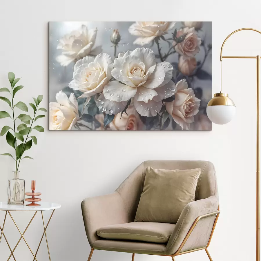  Schilderijen Een groep witte rozen met waterdruppels op de bloemblaadjes, wat groene bladeren, gedempte achtergrond, zacht licht s43163