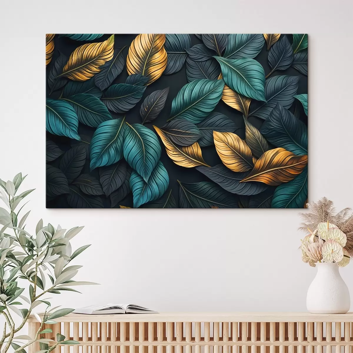  Schilderijen Donkergroen, geel en zwart blad met donkere nerven, op een donkere achtergrond, elegante tropische vibe s43164