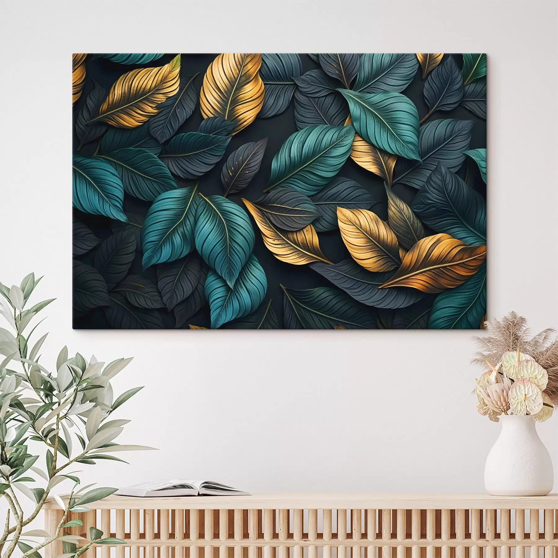 Fotobehang Donkergroen, geel en zwart blad met donkere nerven, op een donkere achtergrond, elegante tropische vibe s43164