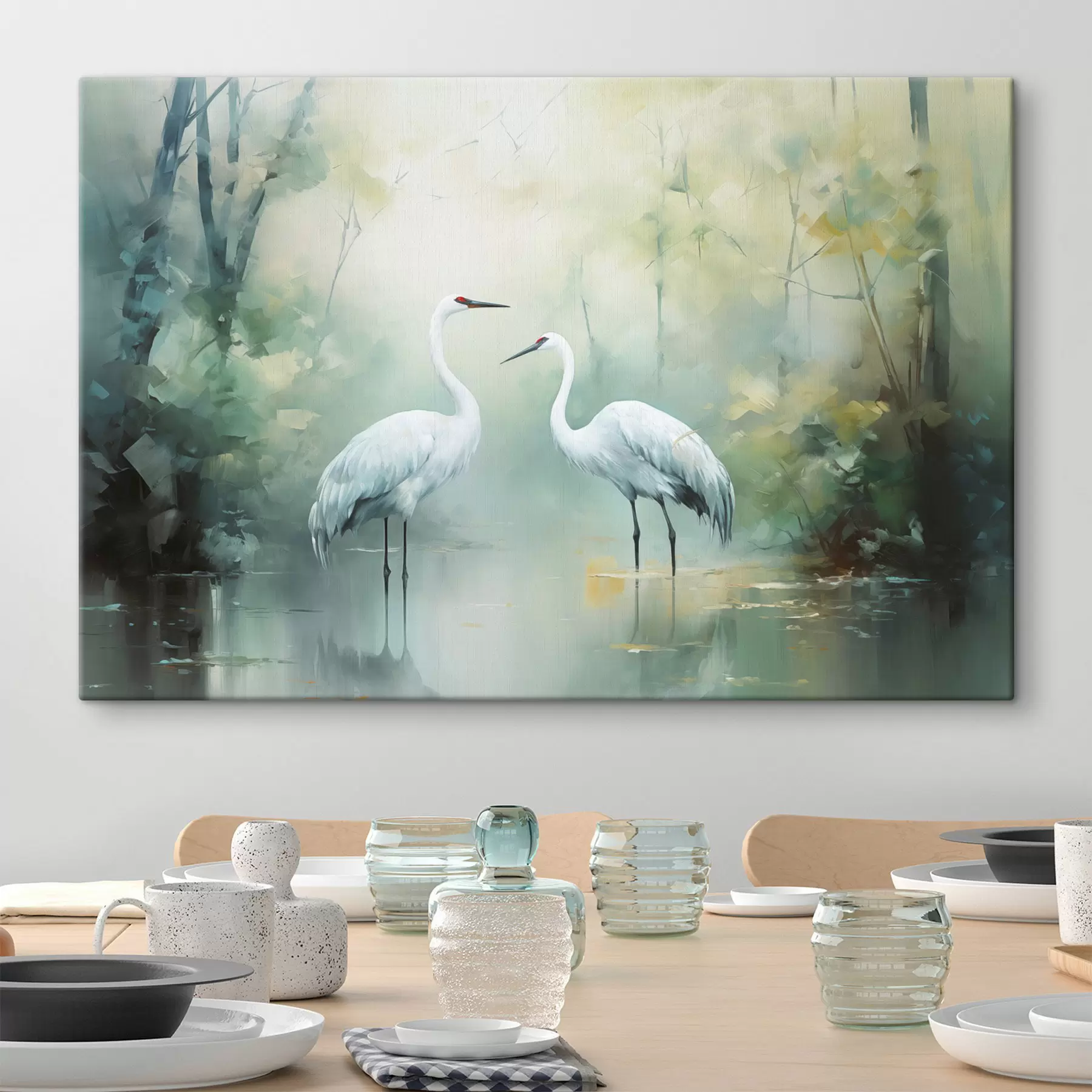Fotobehang Twee witte kraanvogels in een vijver, omringd door een weelderig groen bos met zachte, diffuse verlichting s43166
