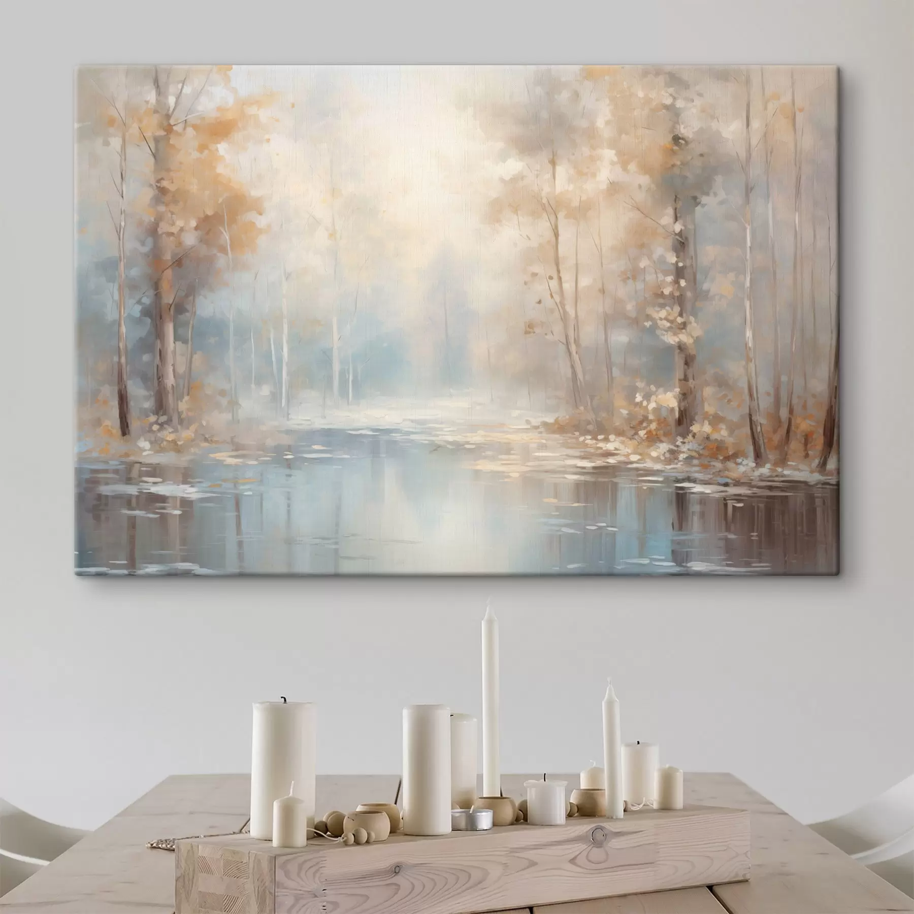 Fotobehang Landschap olieverfschilderij imitatie van een kalme rivier die het zachte licht weerspiegelt, omringd door herfstbomen s43167