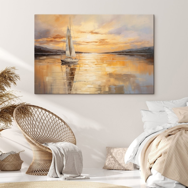 Schilderijen Landschapschilderij met een zeilboot op een kalme zee, oranje en gele lucht, bergen, Schilderijen Stranden en zeeën, s43169 : Uwalls.be